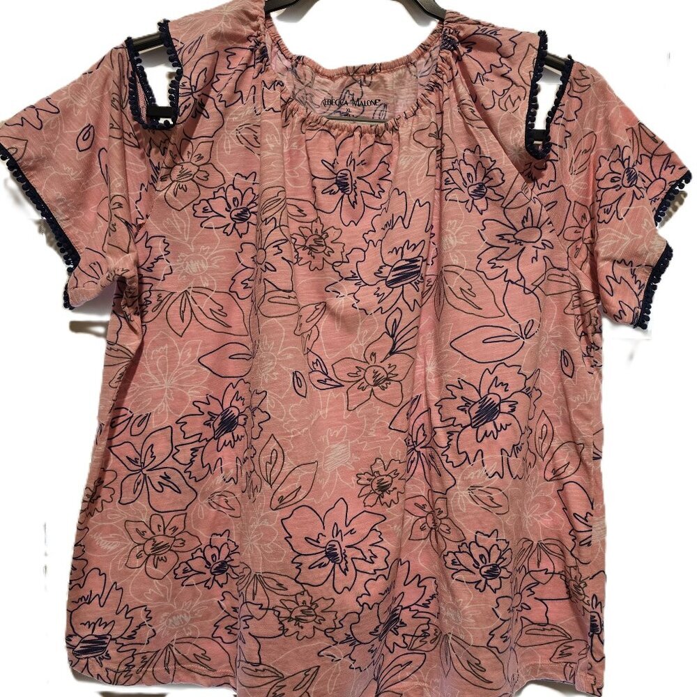 Rebecca Malone XL Cotton Blouse Pink w/ Blue flowers Cut-out Shoulder Airy style